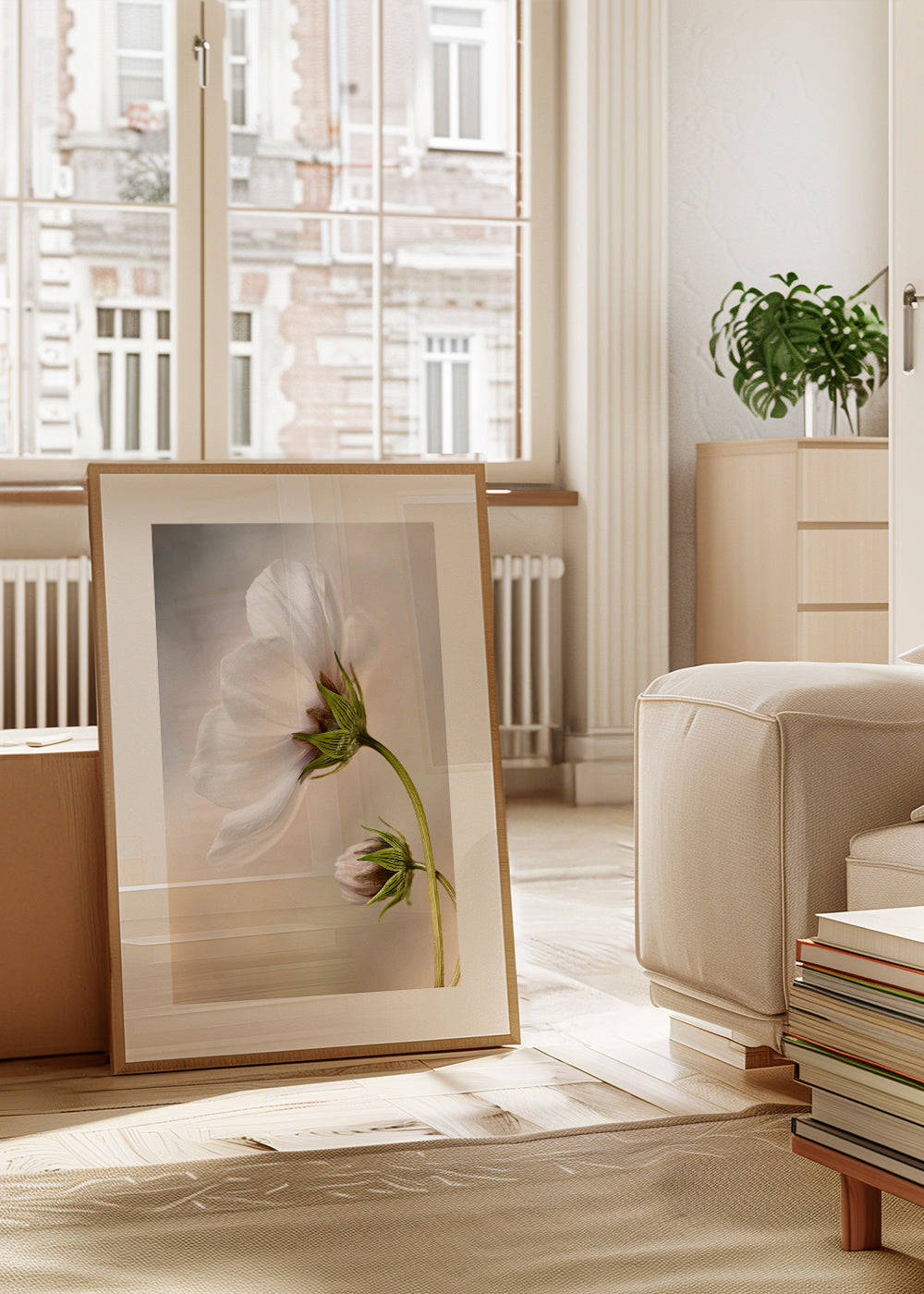 Botanisk poster: vit blomma på böjd stam