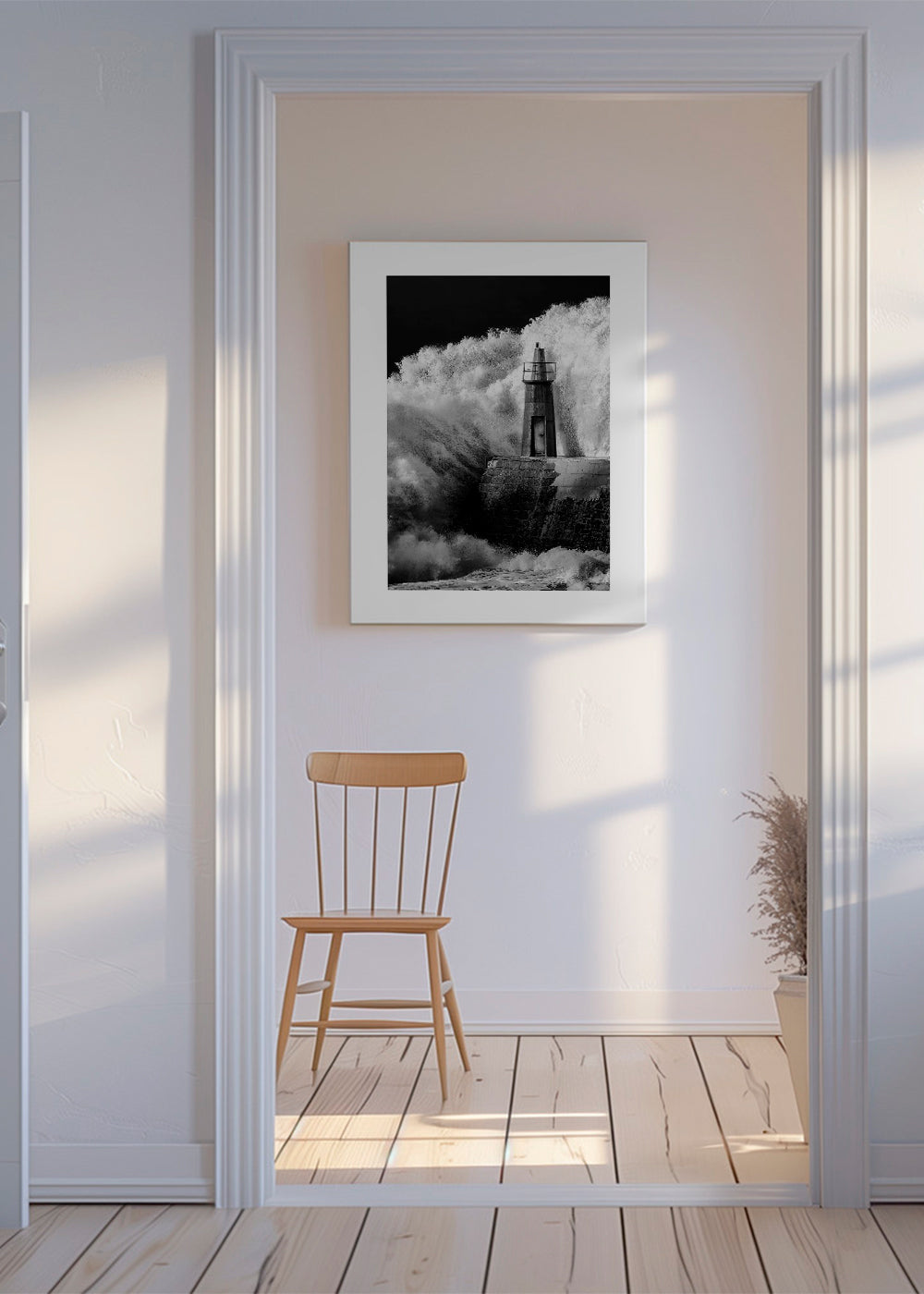 Landskapsbild med fyr mellan vågor
