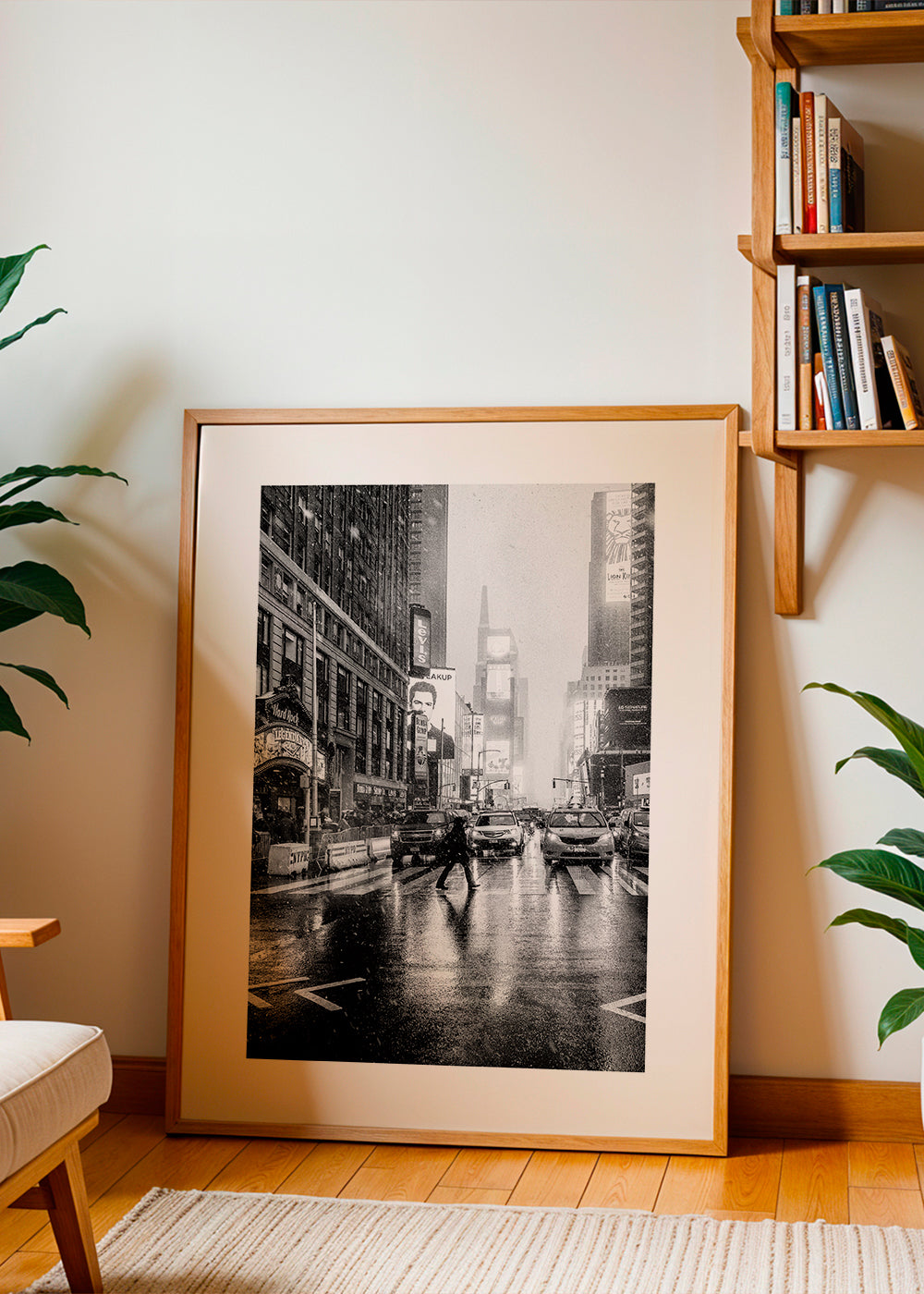 Stadstavla svartvit: Times Square i regn