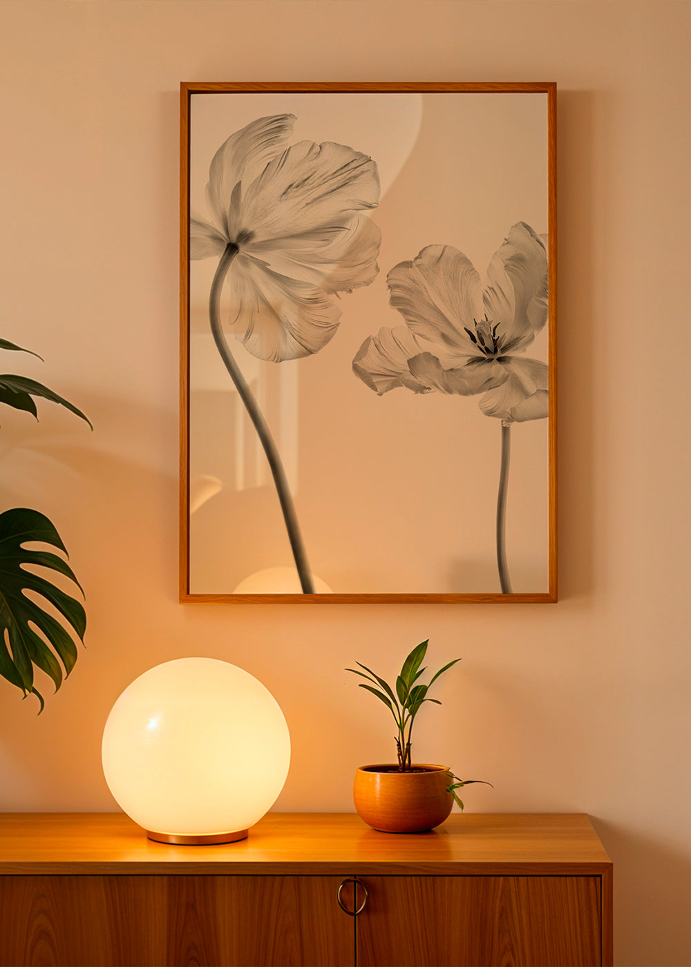 Botanisk poster: tulpaner i svartvitt