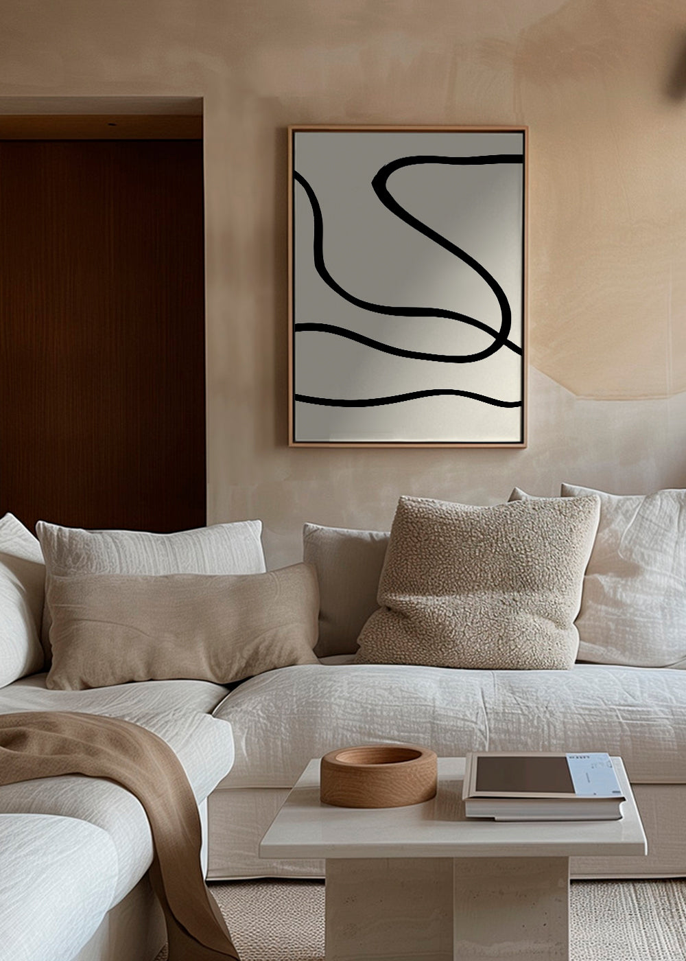 Minimalistisk tavla med svarta linjer på beige
