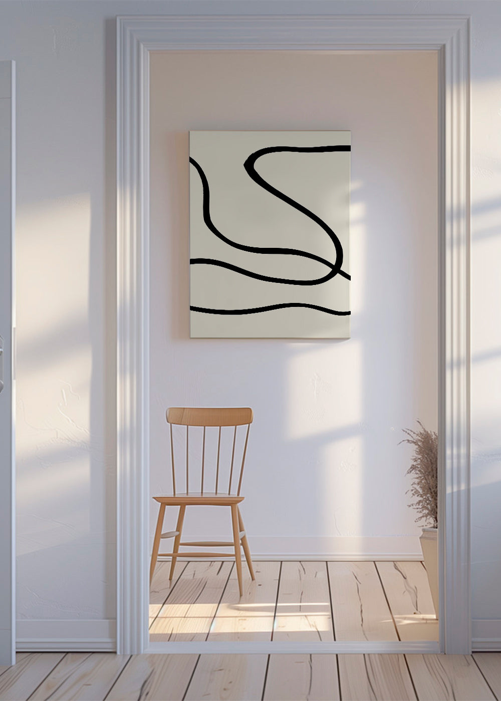 Minimalistisk tavla med svarta linjer på beige