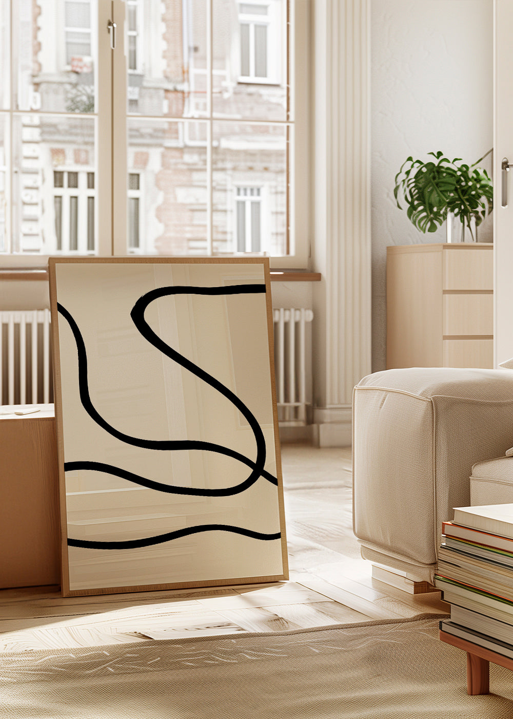 Minimalistisk tavla med svarta linjer på beige