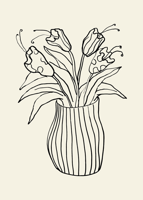 Botanisk poster: vas med tulpaner linjeteckning