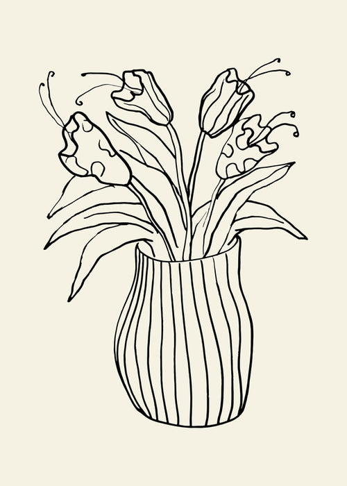Botanisk poster: vas med tulpaner linjeteckning