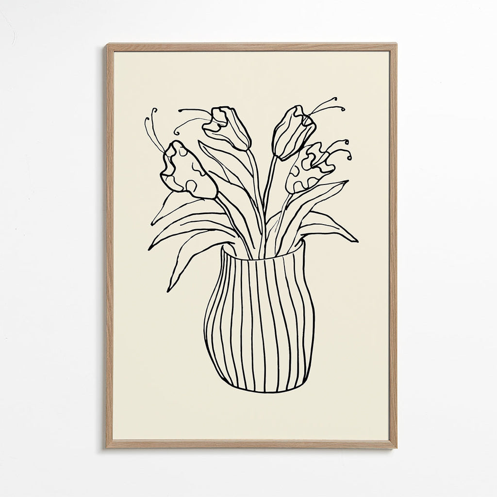 Botanisk poster: vas med tulpaner linjeteckning