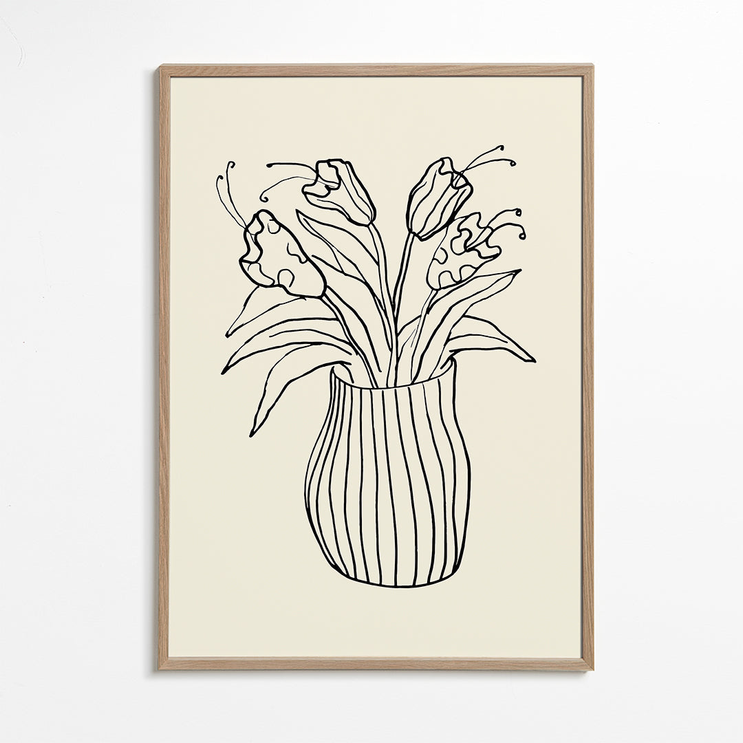 Botanisk poster: vas med tulpaner linjeteckning