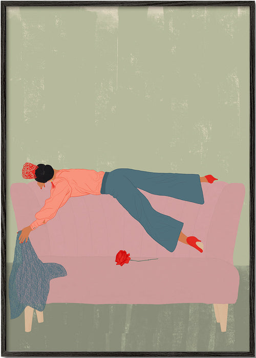 Illustration av figur som ligger på rosa soffa