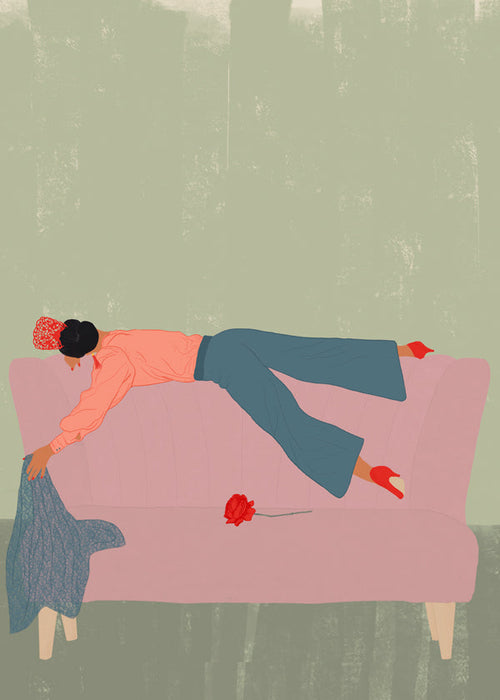 Illustration av figur som ligger på rosa soffa