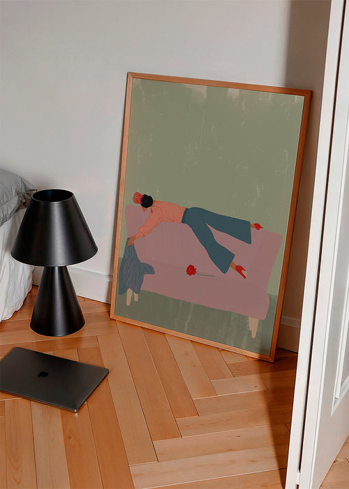 Illustration av figur som ligger på rosa soffa