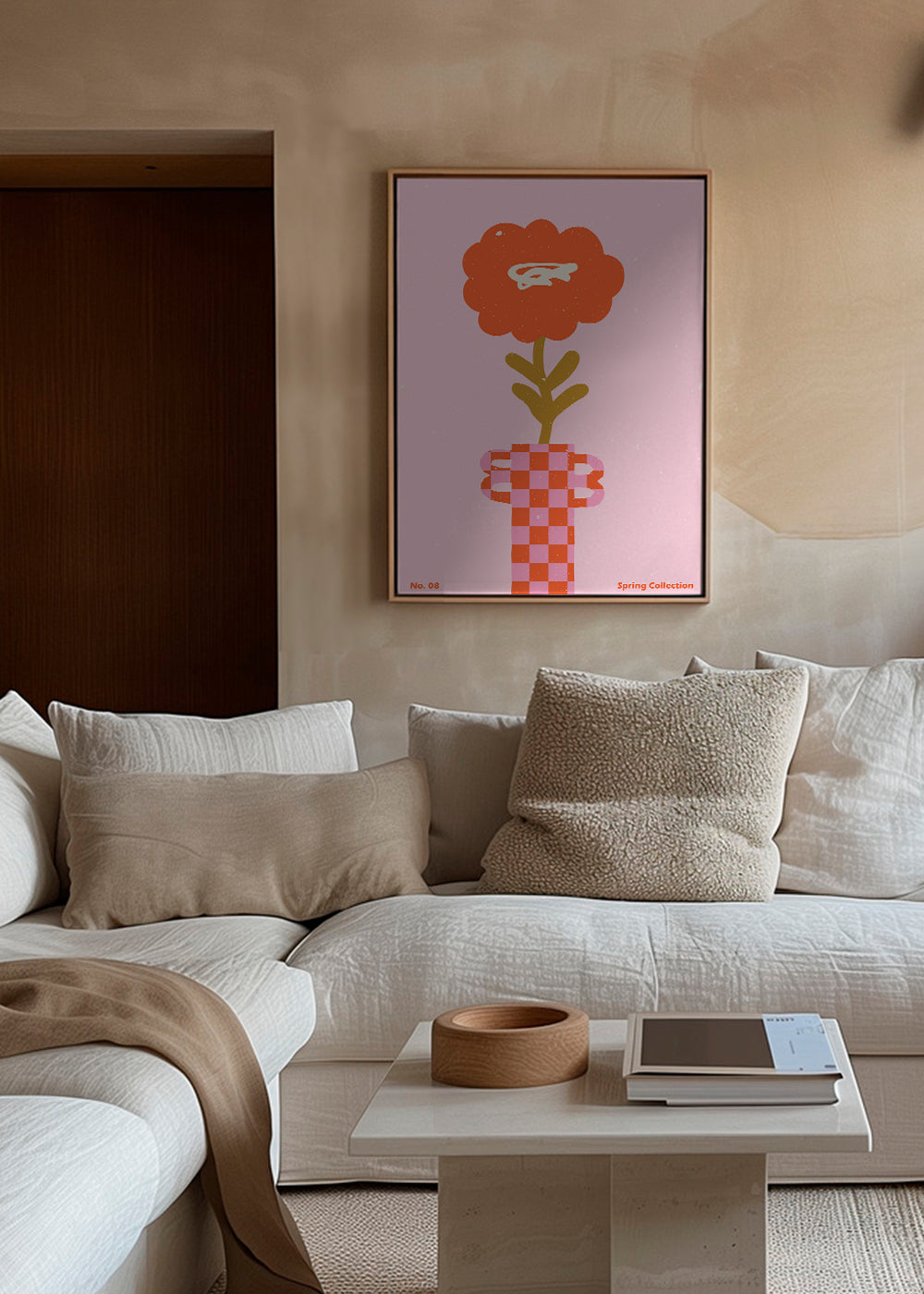 Botanisk poster: orange blomma mot rosa bakgrund