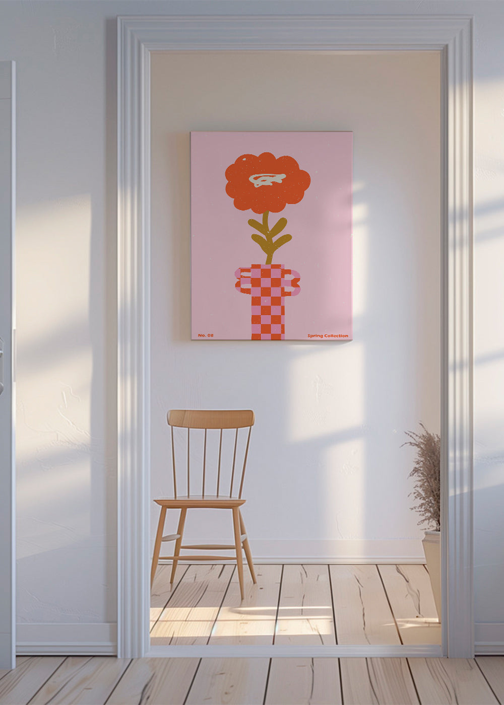 Botanisk poster: orange blomma mot rosa bakgrund