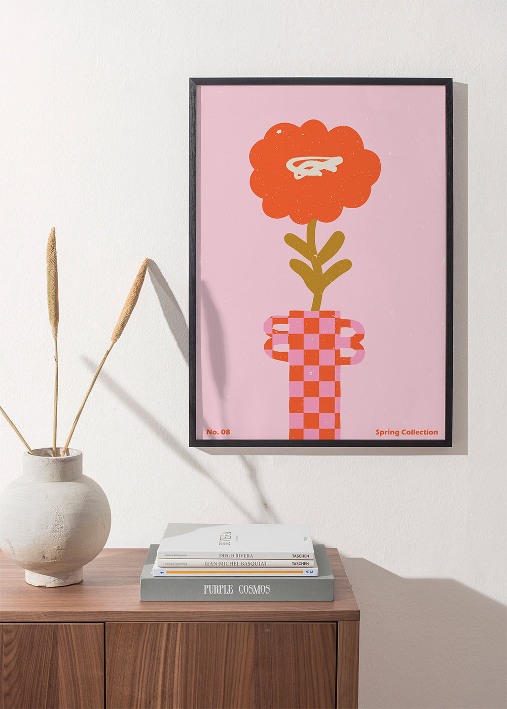 Botanisk poster: orange blomma mot rosa bakgrund