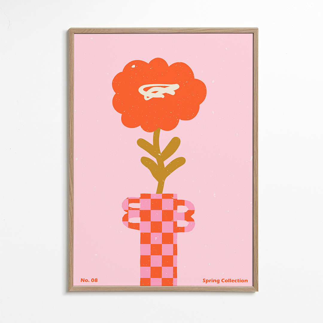 Botanisk poster: orange blomma mot rosa bakgrund