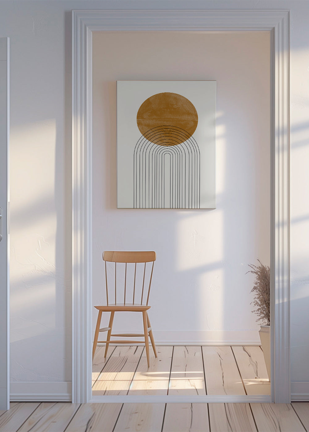 Geometrisk tavla med ockrafärgad båge