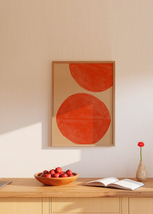 Abstrakt konst: röda cirklar på beige