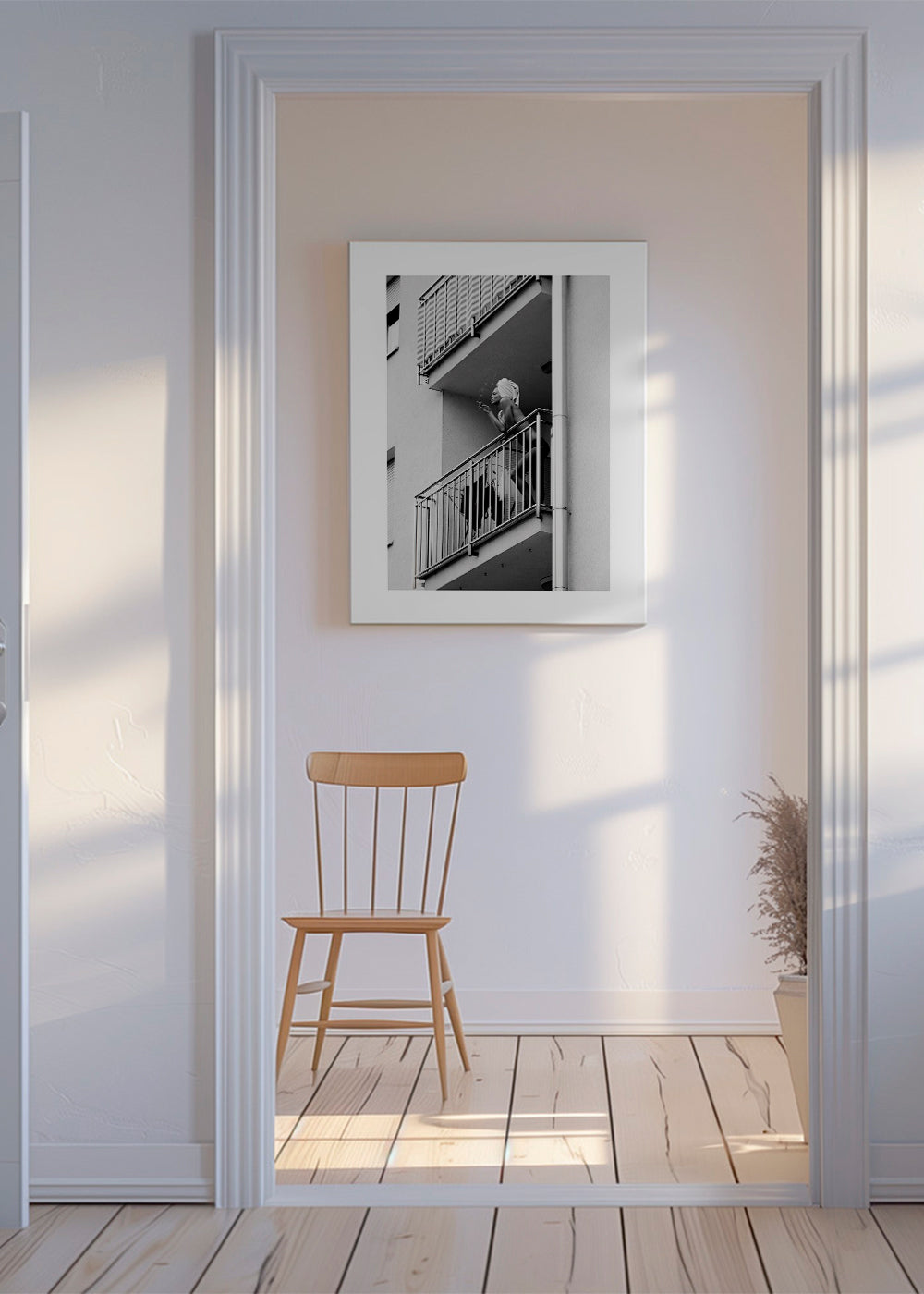 Fotografi av balkongögonblick i svartvitt