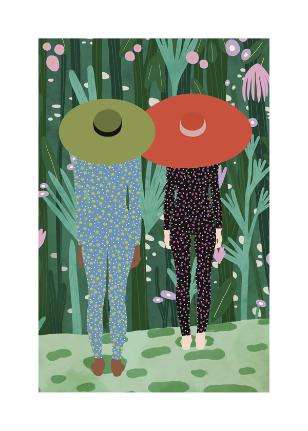 Botanisk poster med två figurer och hattar