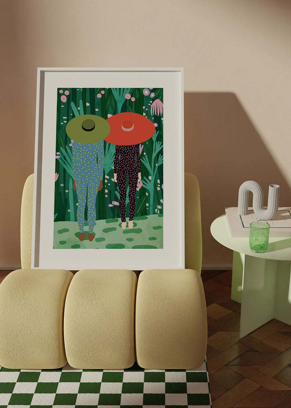 Botanisk poster med två figurer och hattar