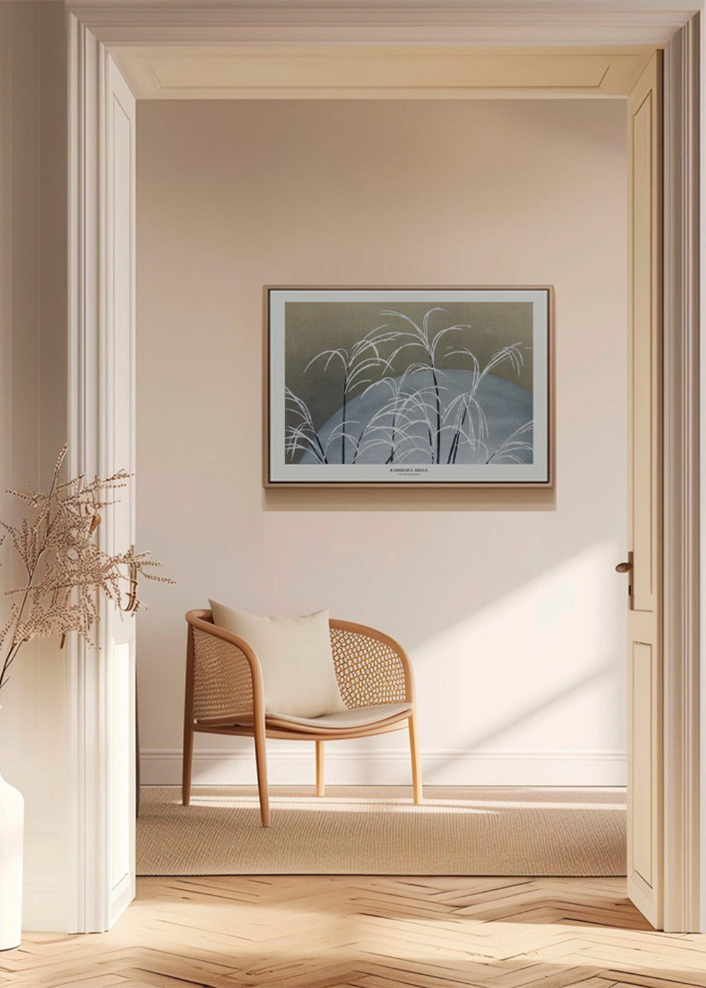 Botanisk poster: vita vassstrån på blå kulle