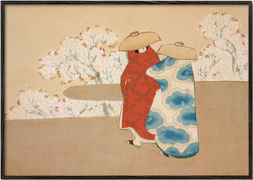 Botanisk print med japanska figurer och sakura
