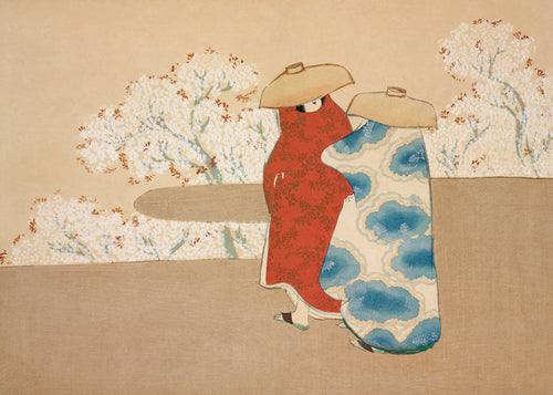 Botanisk print med japanska figurer och sakura