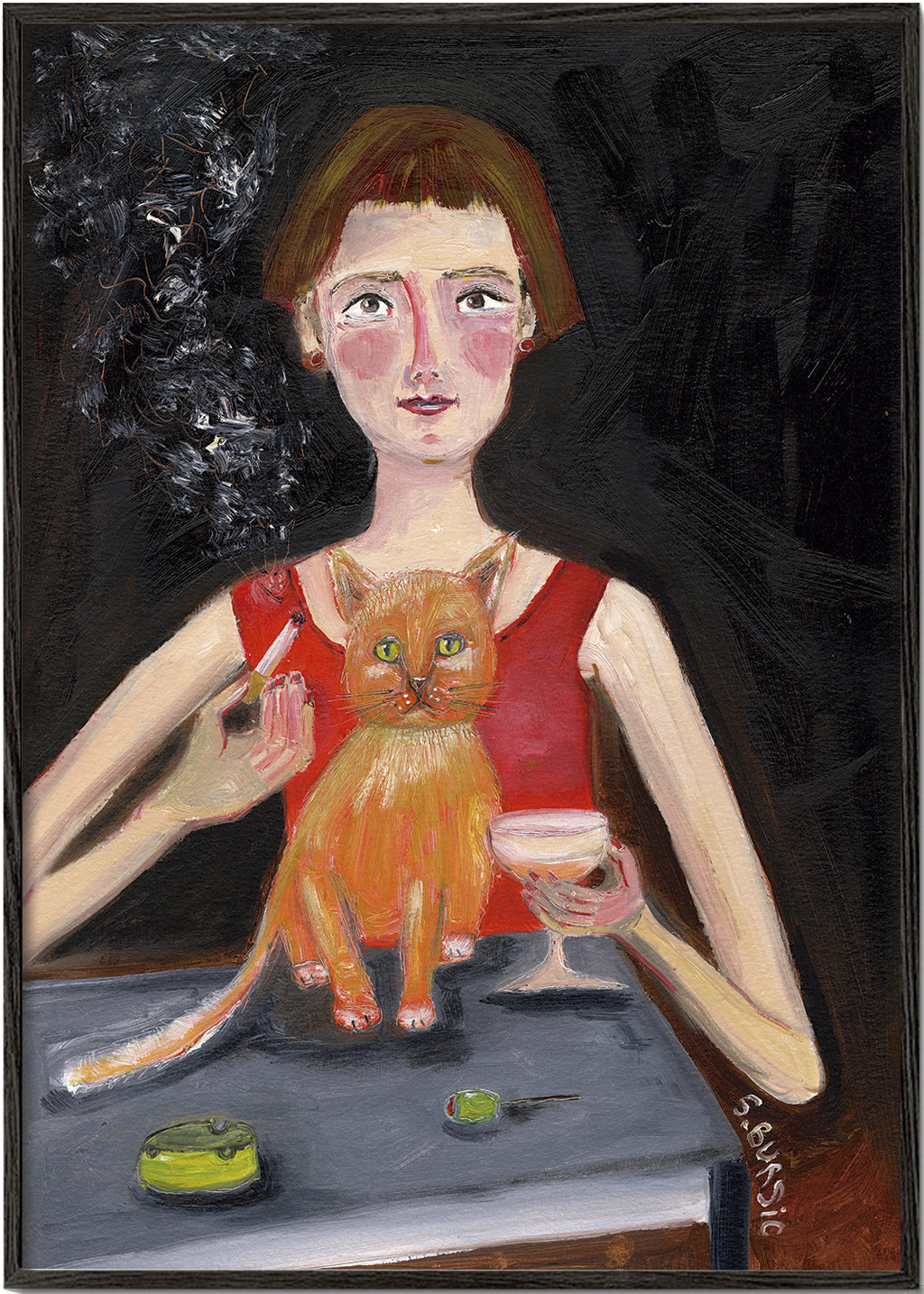 Vintage affisch kvinna med cocktail och katt