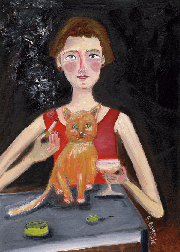 Vintage affisch kvinna med cocktail och katt
