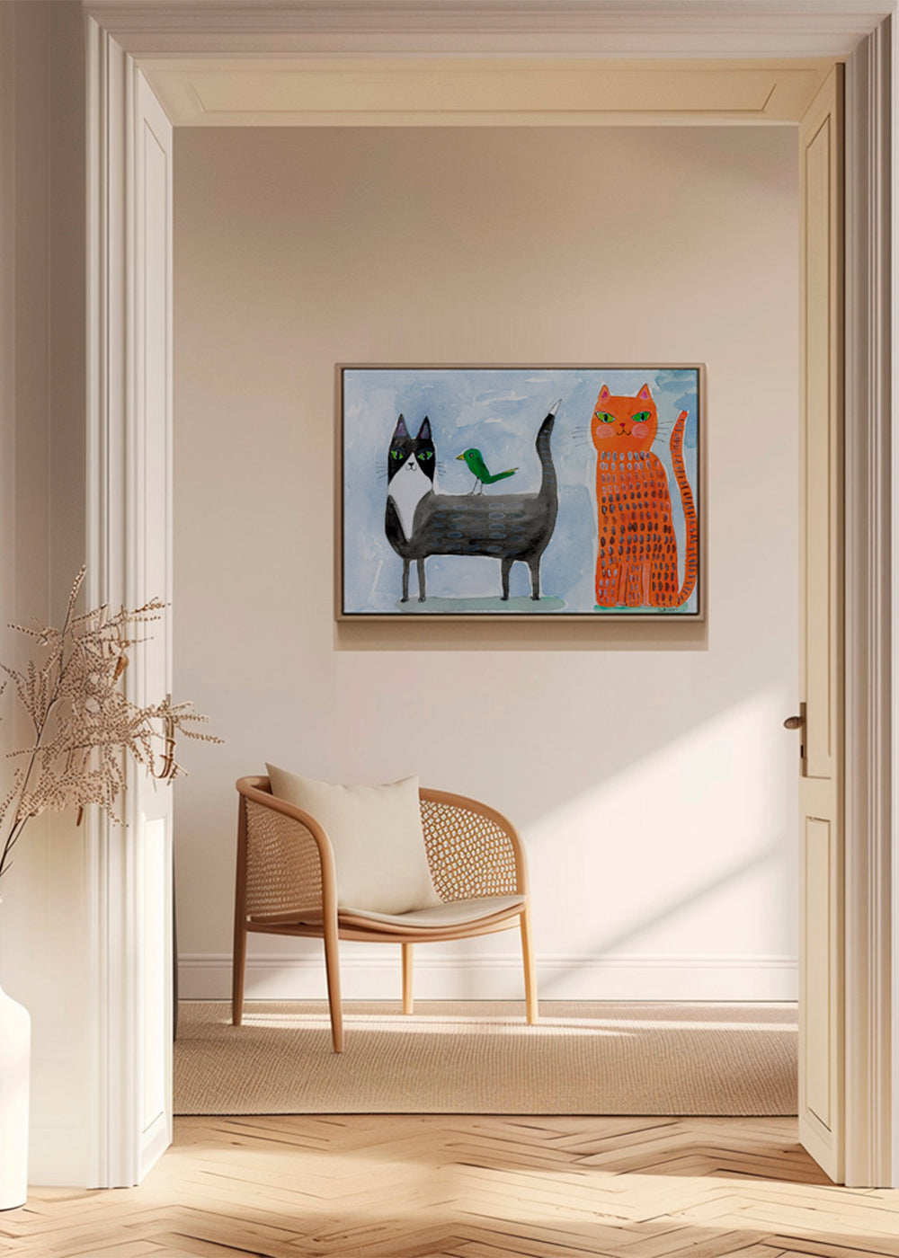 Lekfull katt och fågel illustration