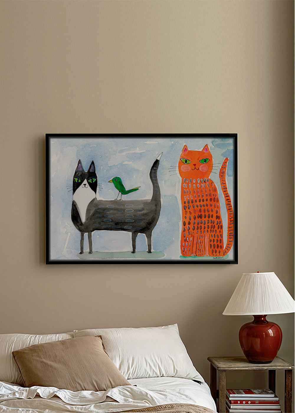 Lekfull katt och fågel illustration