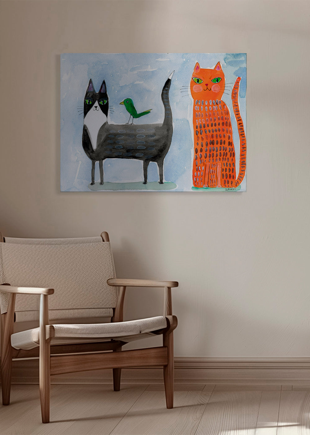 Lekfull katt och fågel illustration