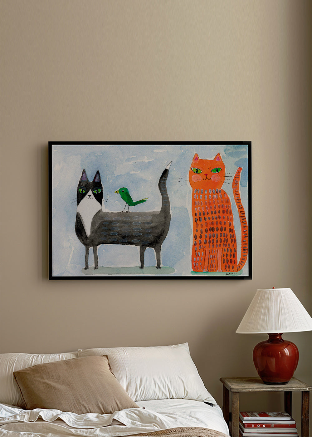 Lekfull katt och fågel illustration