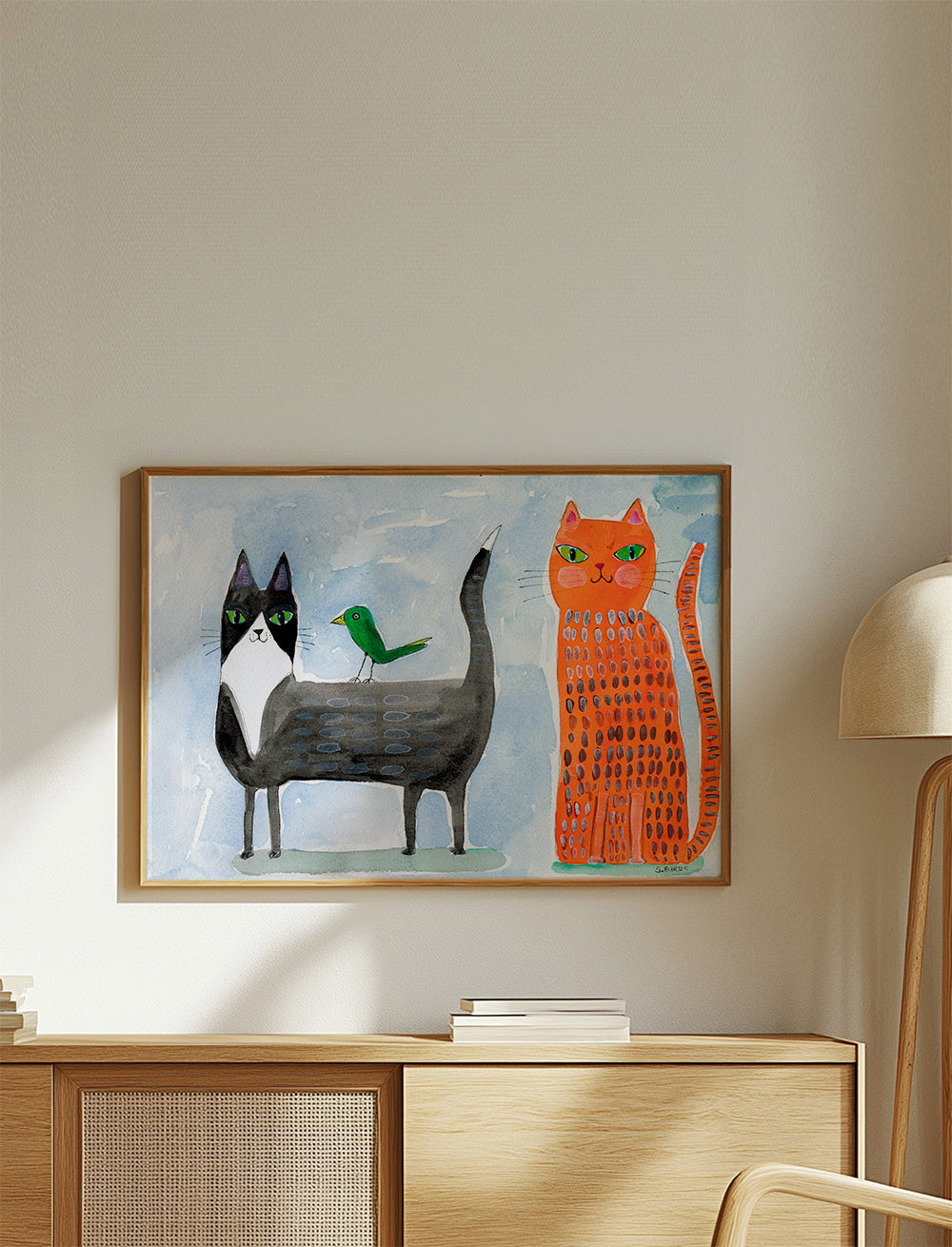Lekfull katt och fågel illustration