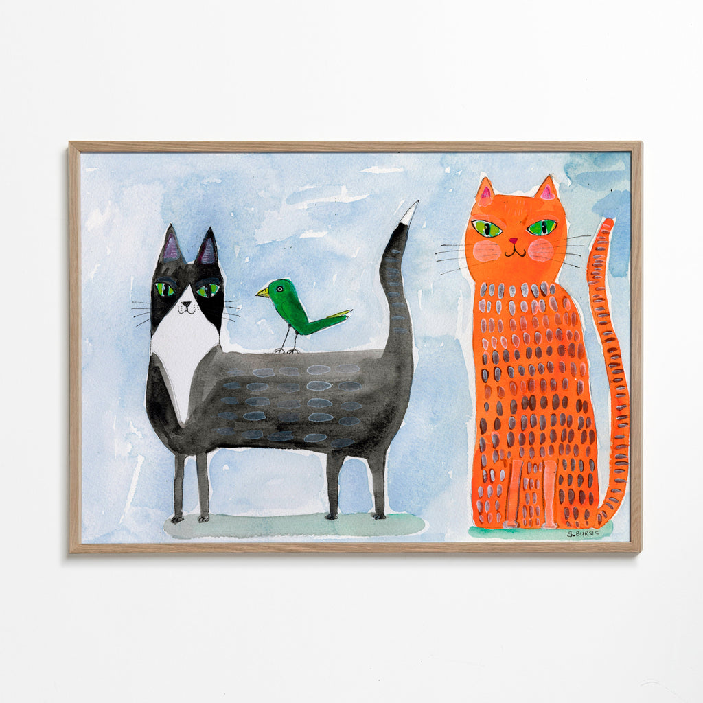 Lekfull katt och fågel illustration