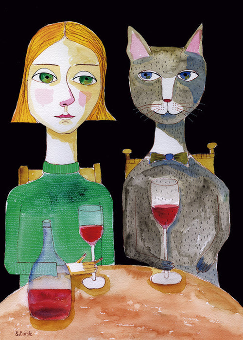 Kvinna och katt med glas