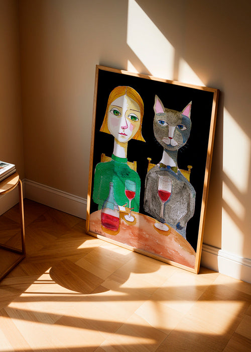 Kvinna och katt med glas