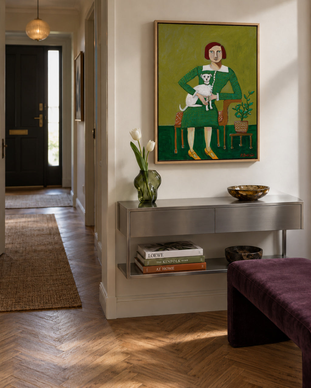 Vintage Lady with her white dog - Framed canvas in an interior