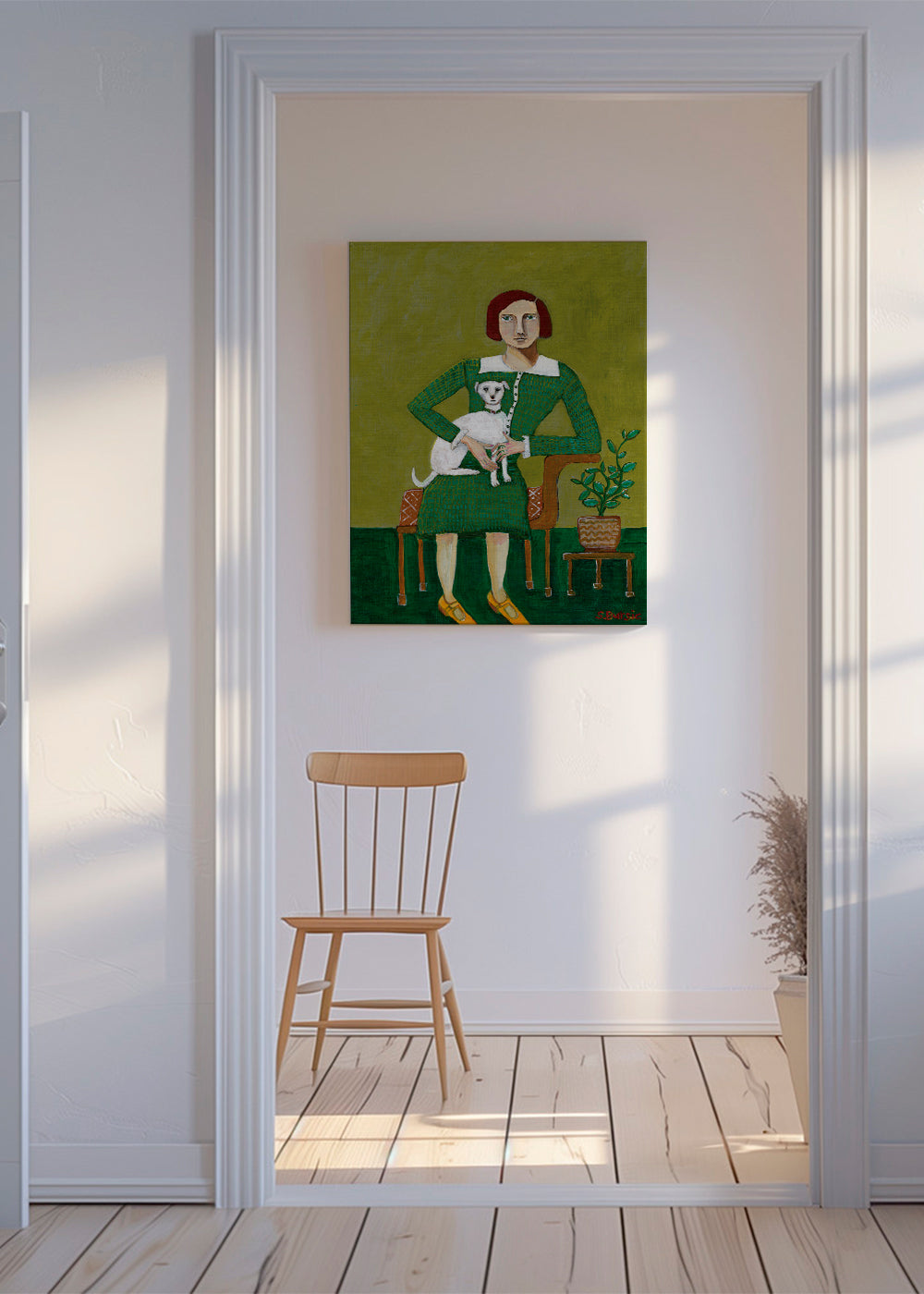 Vintage porträtt av kvinna med vit hund