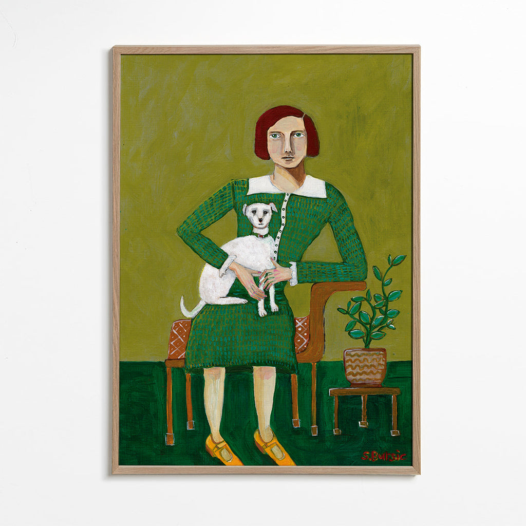 Vintage porträtt av kvinna med vit hund