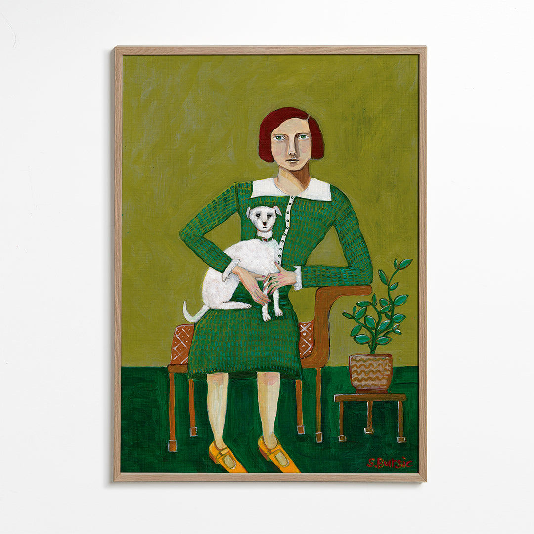 Vintage porträtt av kvinna med vit hund