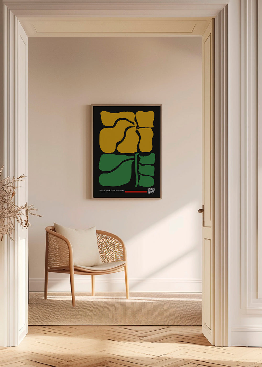 Botaniskt tryck med tydlig gul blomma