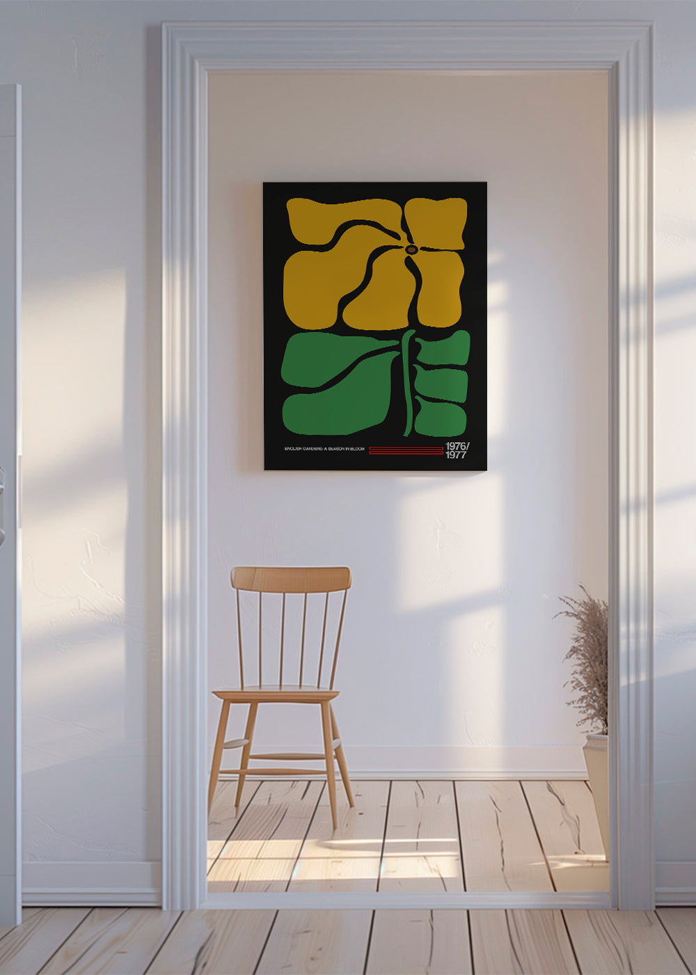 Botaniskt tryck med tydlig gul blomma