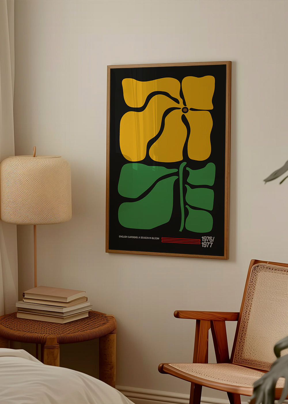 Botaniskt tryck med tydlig gul blomma