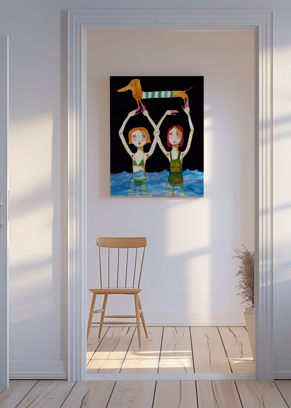 Illustration av simmande flickor med korvhund