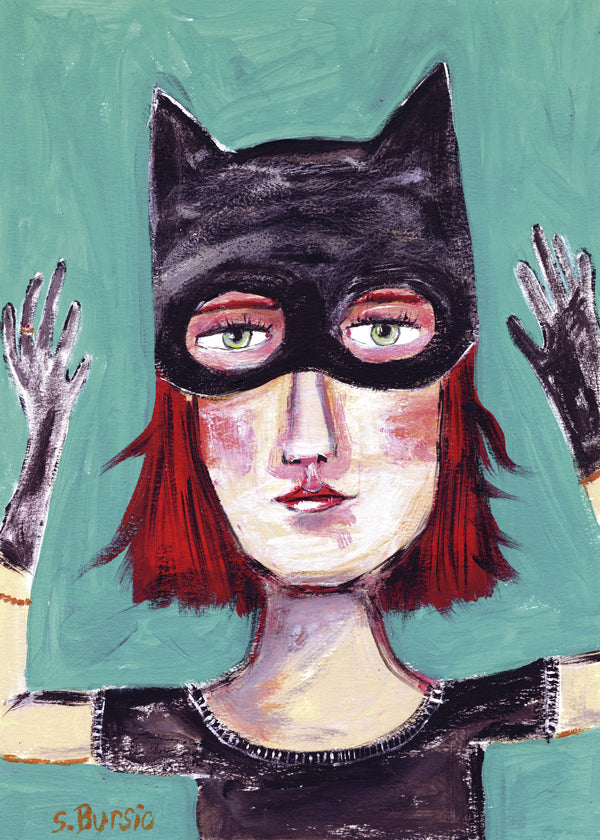 Illustrerat porträtt av kattkvinna med mask