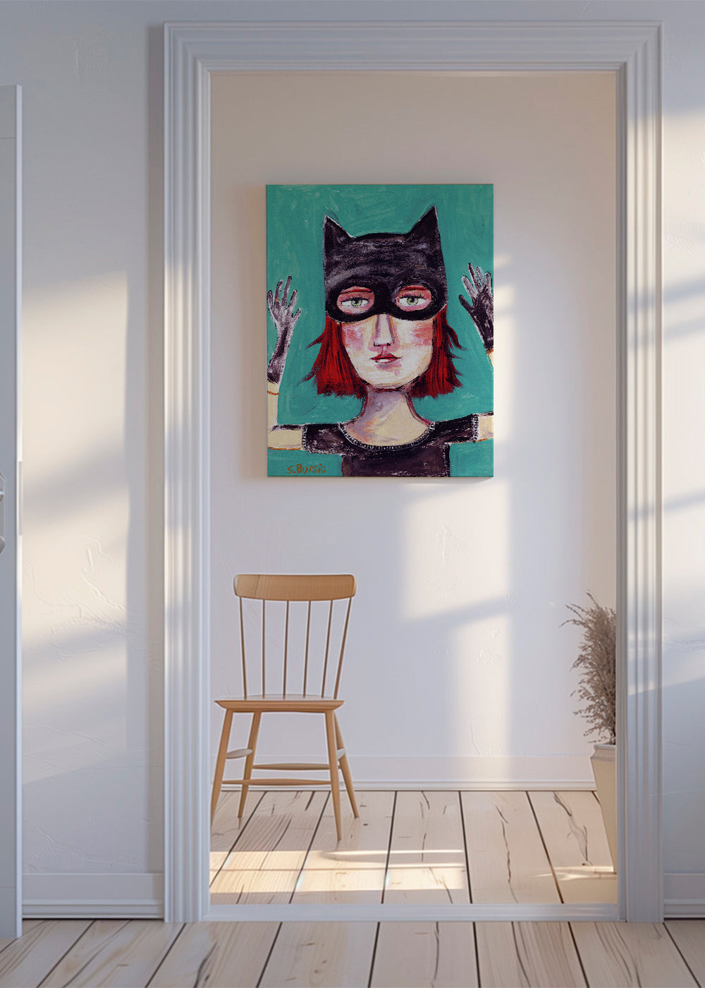 Illustrerat porträtt av kattkvinna med mask