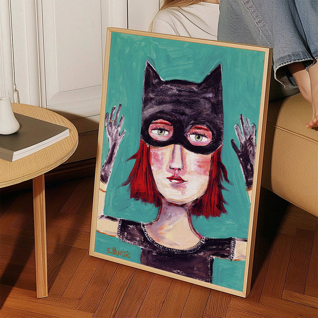 Illustrerat porträtt av kattkvinna med mask