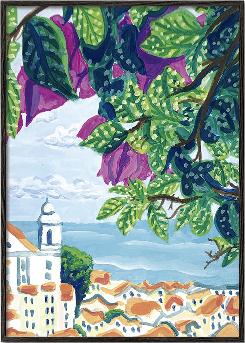 Stadstavla Lissabon med bougainvillea och orange tak