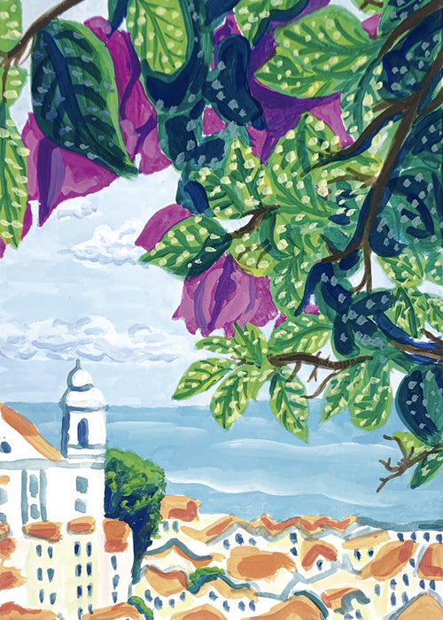Stadstavla Lissabon med bougainvillea och orange tak