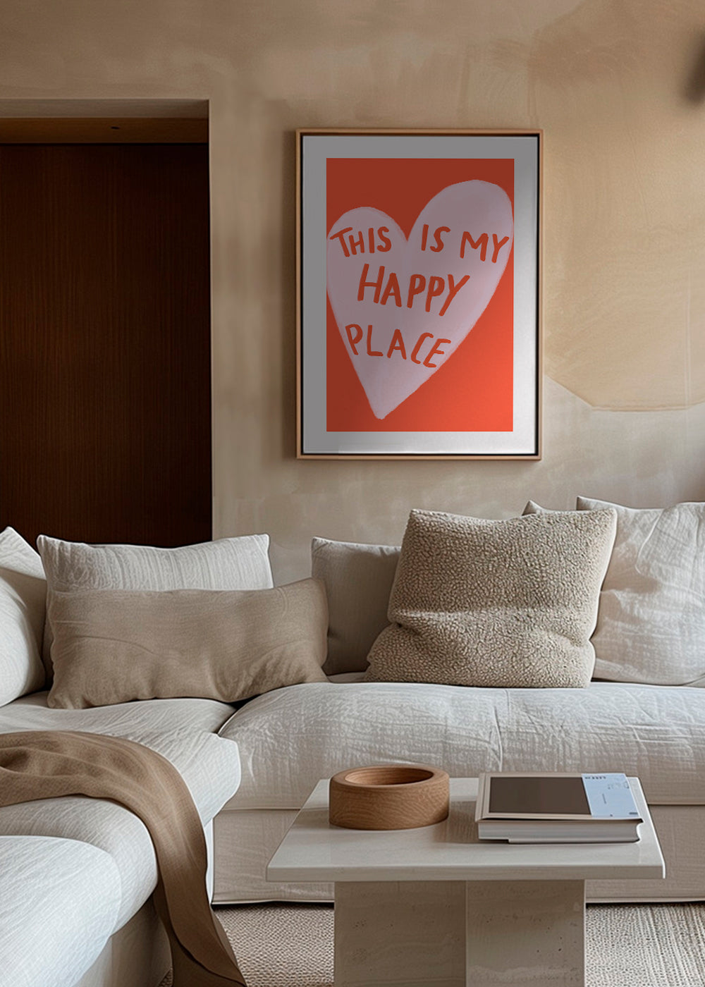 Hjärtillustration 'Happy Place' på korallbakgrund